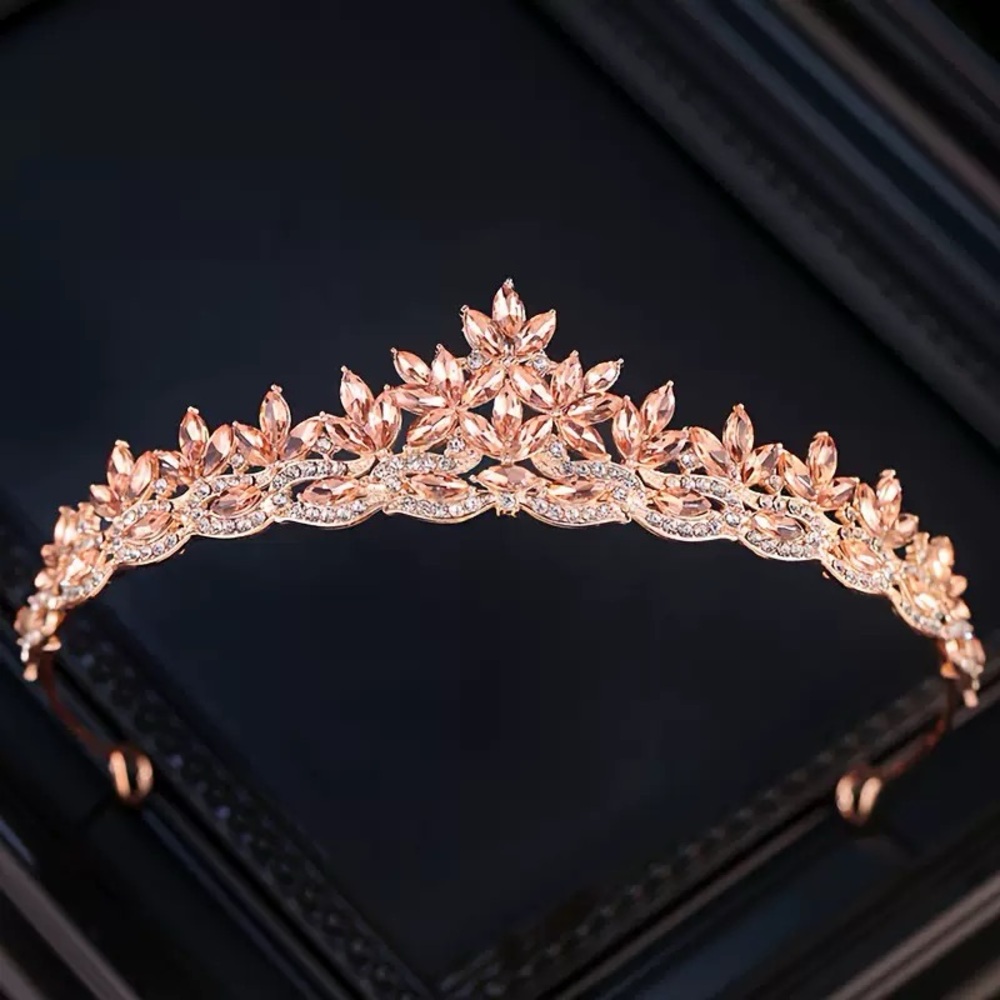 Rose Gold Floral Crystal Tiara Headband - Women Accessories